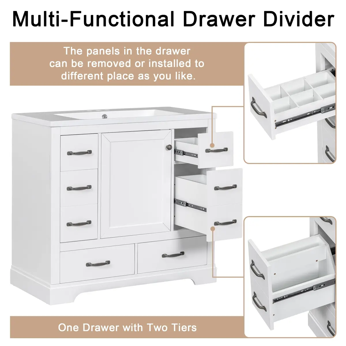 Brisca 36" Bathroom Vanity Without Sink | Modern White Freestanding Cabinet with 6 Drawers - view 7