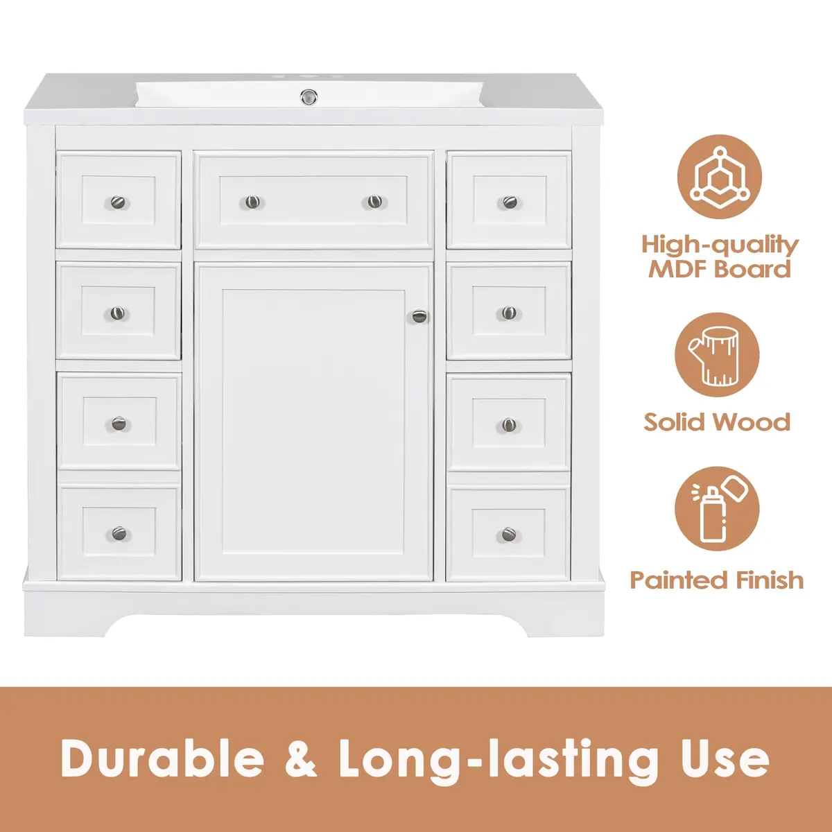 Brisca 36" Bathroom Vanity Without Sink | Modern White Freestanding Cabinet with 6 Drawers - view 8