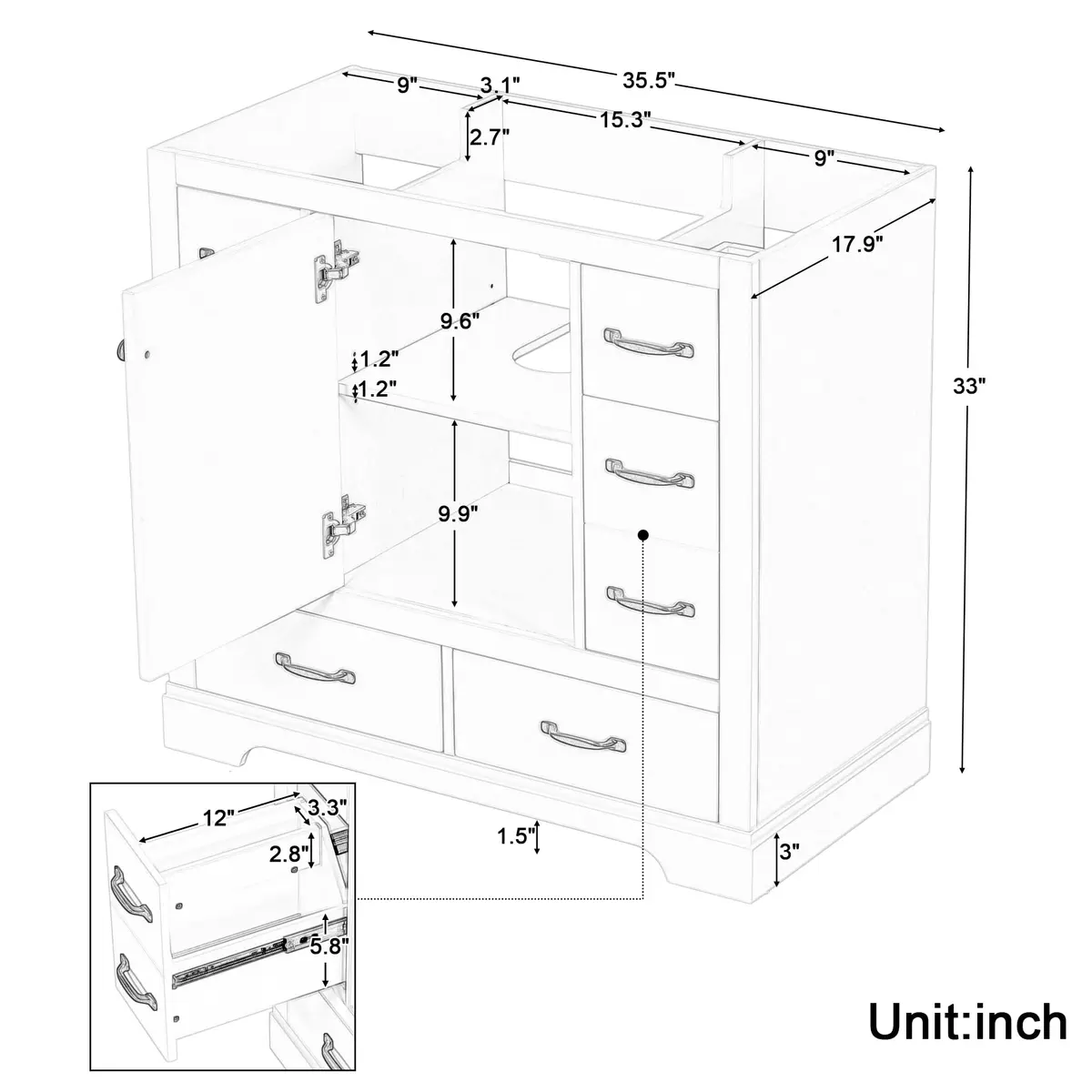 Brisca 36" Bathroom Vanity Without Sink | Modern White Freestanding Cabinet with 6 Drawers - view 3