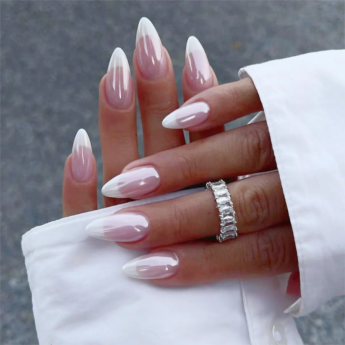 FJSMTOPl Press On Nails Almond Fake Nails French Tip 24Pcs | Reusable Acrylic Nails for Women - main product image