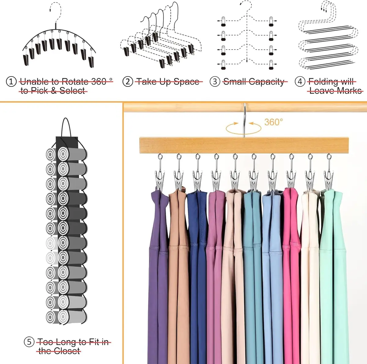 ORROENS Legging Organizer for Closet, 2 Pack Space-Saving Hangers with Clips - view 3