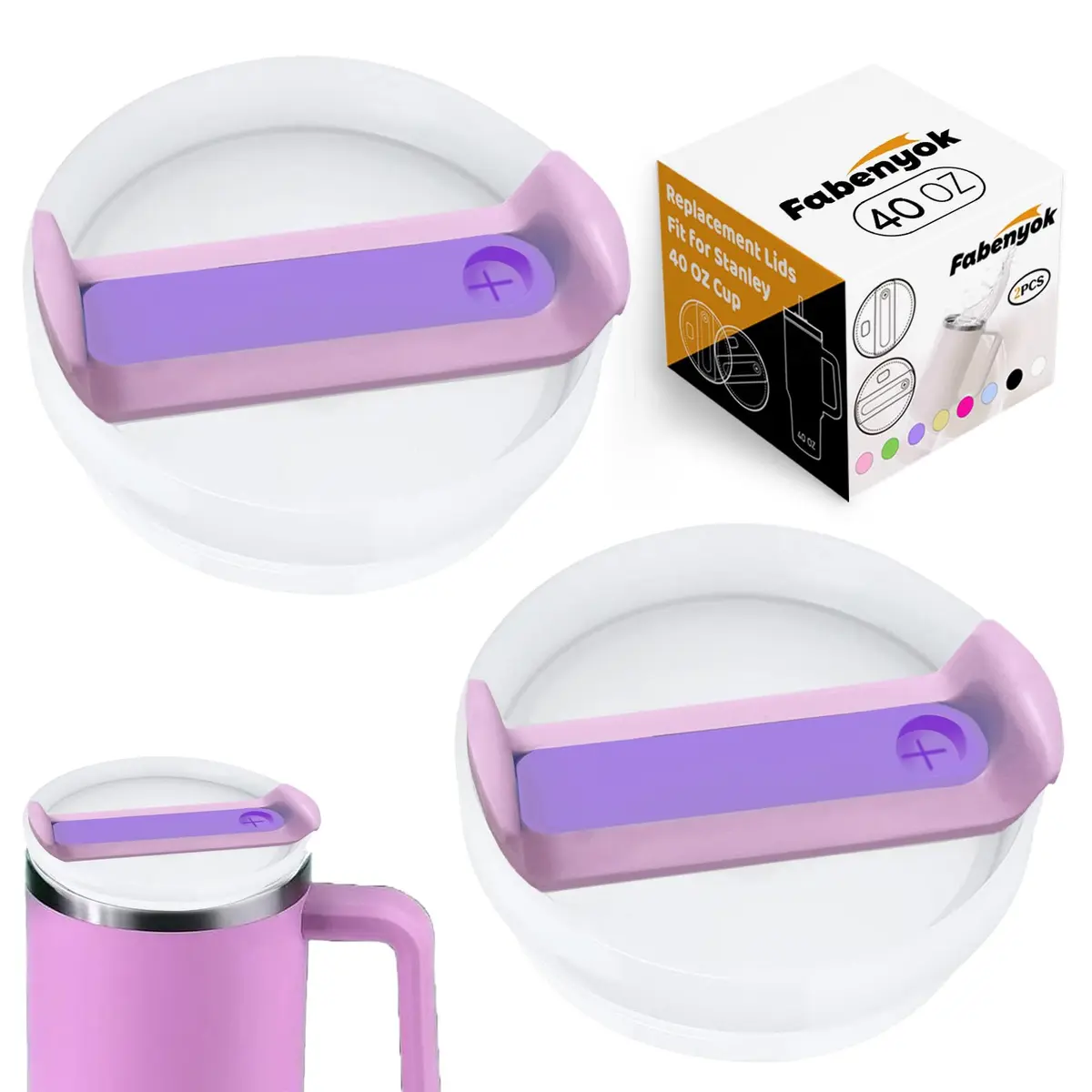 Fabenyok 40 OZ Tumbler Lid Replacement | Spill Proof Fit for Stanley Cup, 2 Pack, Clear & Opaque - Purple - main product image