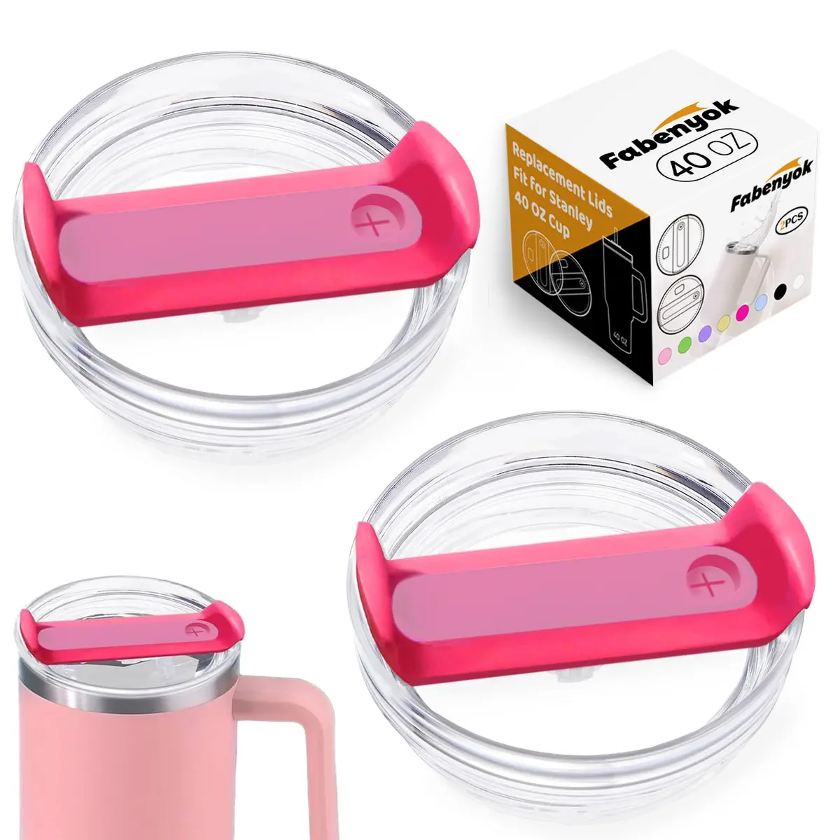 Fabenyok 40 OZ Tumbler Lid Replacement Fit for Stanley Cup | Spill Proof, 2 Pack, Clear - Hot Pink - main product image
