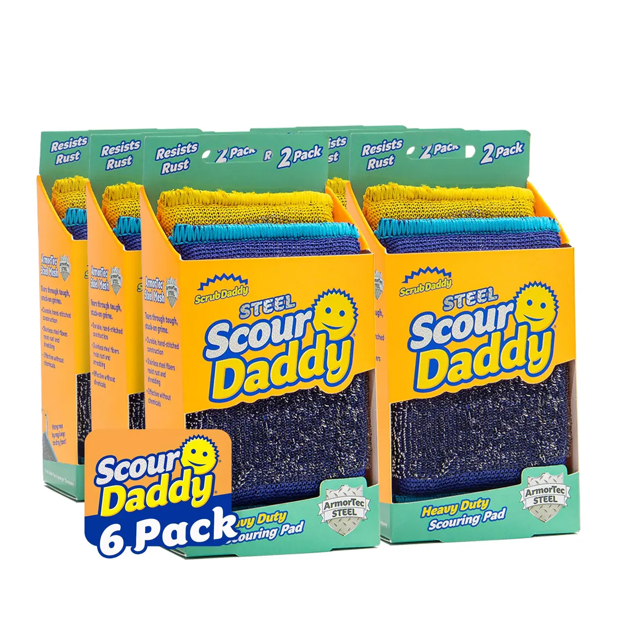 Scrub Daddy Steel Scouring Pad Scrub Sponges - Stainless Steel Scour Daddy - 2 Count (6 Pack) | Heavy Duty Cleaning for Pots & Pans - main product image