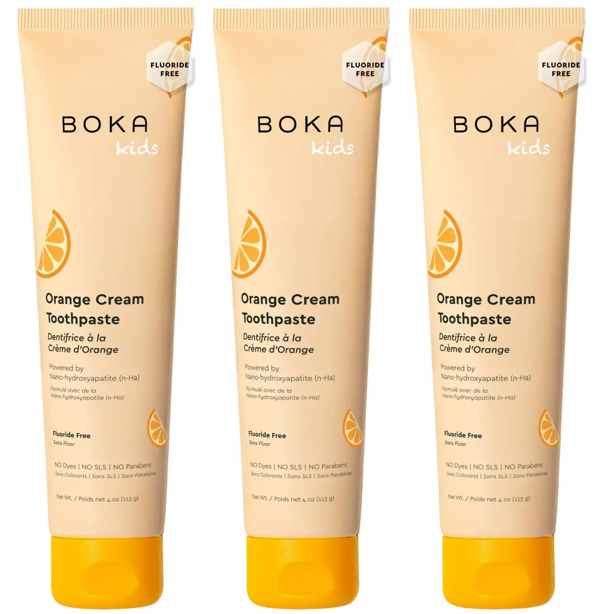Boka Kids Toothpaste - Nano Hydroxyapatite Fluoride-Free Orange Cream 12oz (3 x 4oz Tubes) | Enamel Care for Ages 1+ - main product image