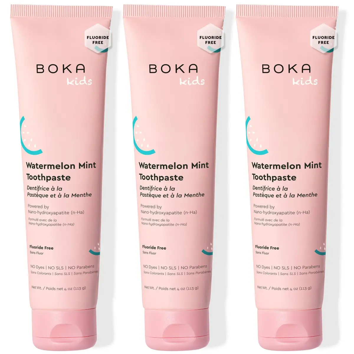 Boka Watermelon Mint Kids Toothpaste with Nano Hydroxyapatite, Fluoride Free 12oz (3 x 4oz Tubes) | Enamel Care for Ages 1+ - main product image