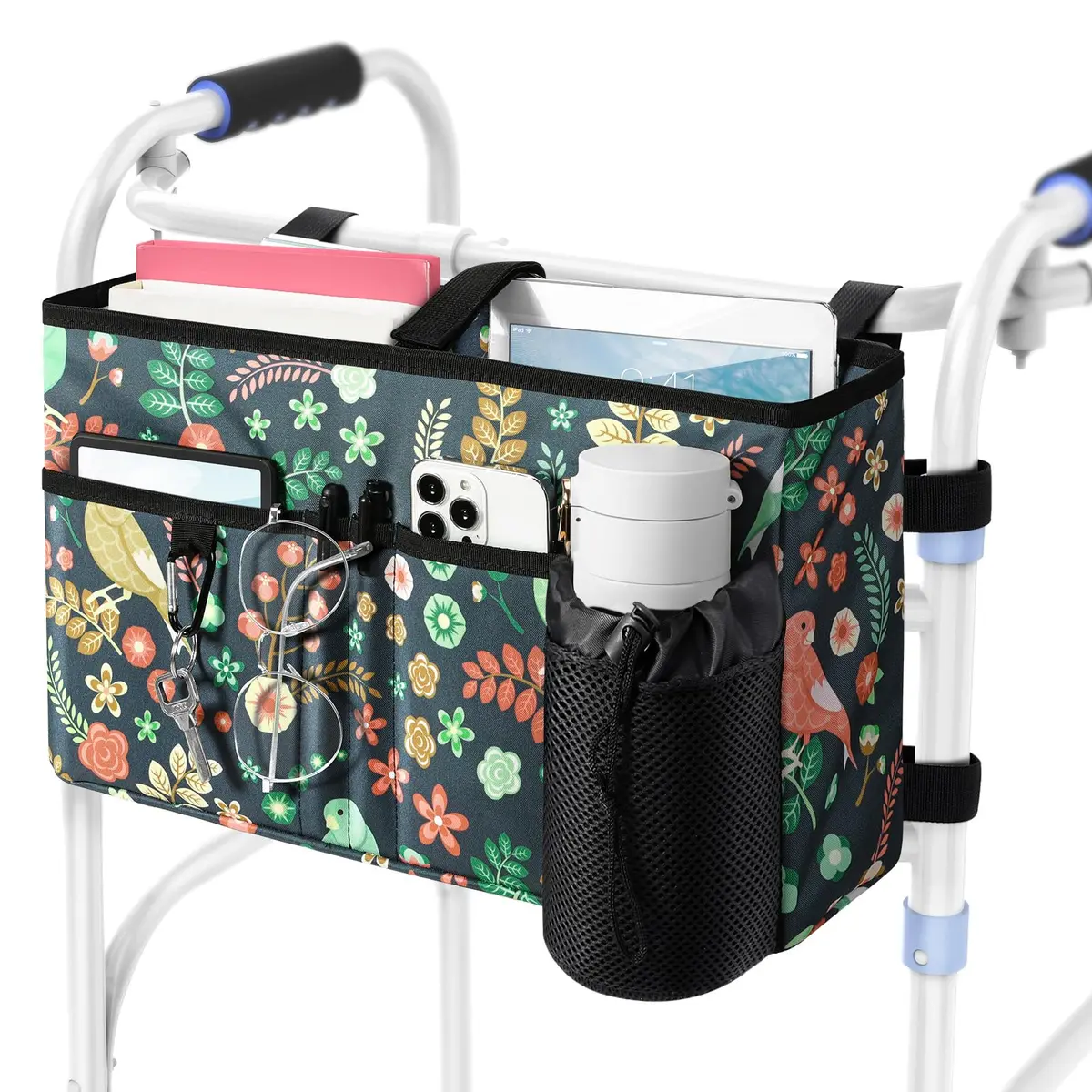 Rhino Valley Walker Basket with Cup Holder | Foldable Walker Bag for Seniors, Large Capacity, Adjustable Velcro Straps - main product image