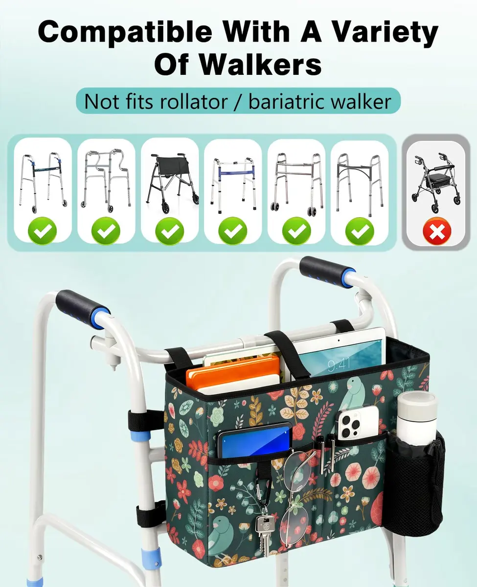 Rhino Valley Walker Basket with Cup Holder | Foldable Walker Bag for Seniors, Large Capacity, Adjustable Velcro Straps - view 6