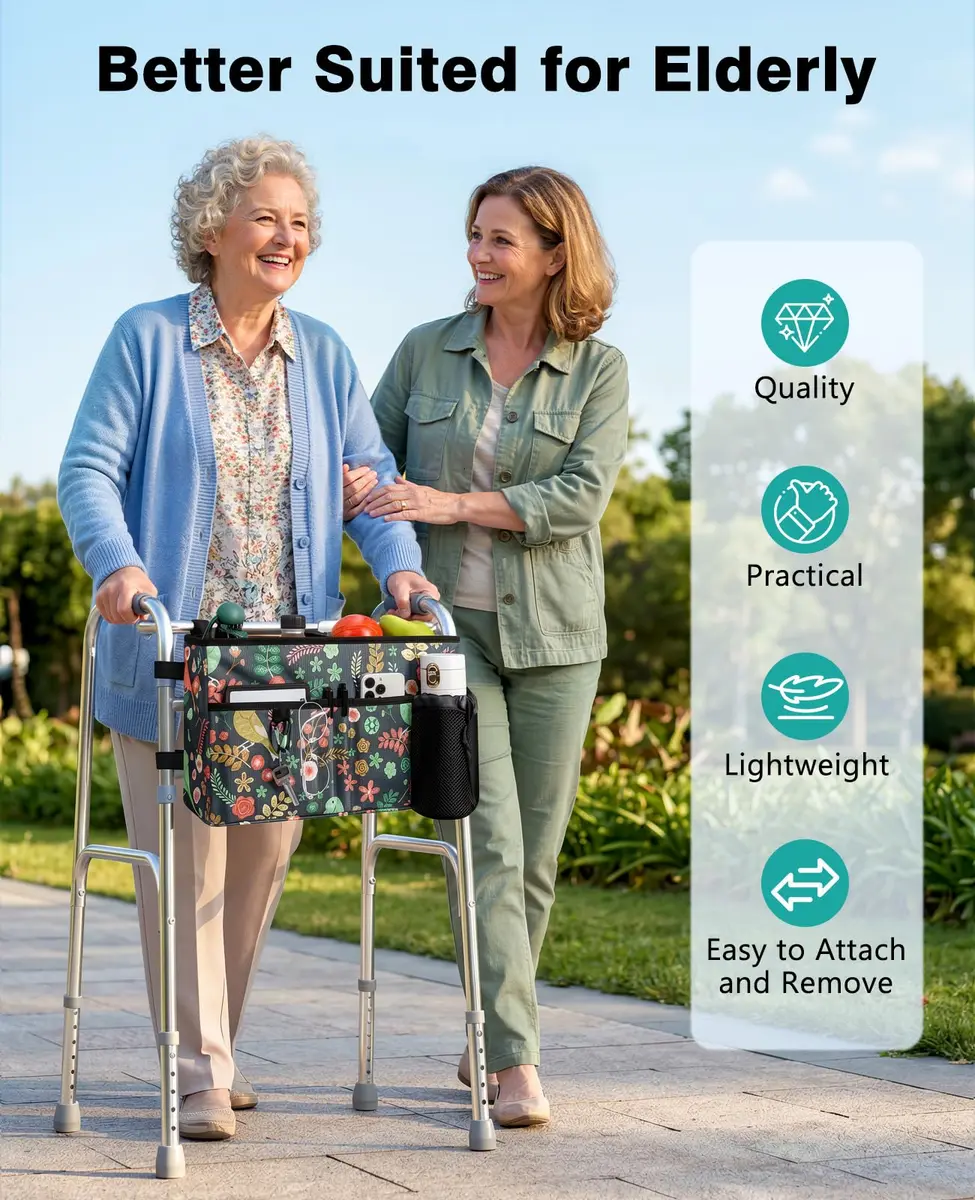Rhino Valley Walker Basket with Cup Holder | Foldable Walker Bag for Seniors, Large Capacity, Adjustable Velcro Straps - view 7