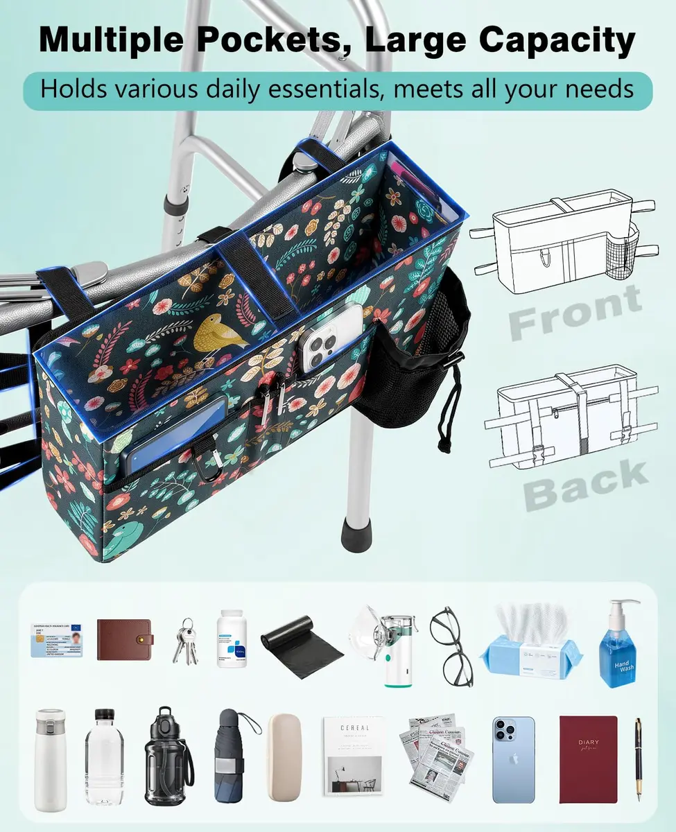 Rhino Valley Walker Basket with Cup Holder | Foldable Walker Bag for Seniors, Large Capacity, Adjustable Velcro Straps - view 2