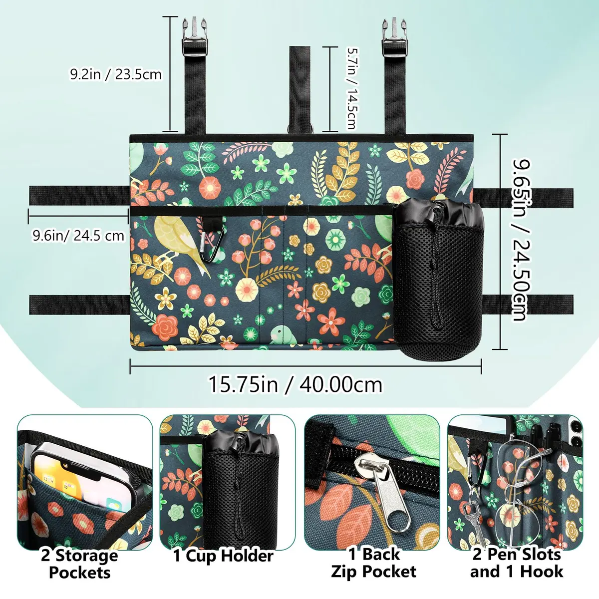 Rhino Valley Walker Basket with Cup Holder | Foldable Walker Bag for Seniors, Large Capacity, Adjustable Velcro Straps - view 3