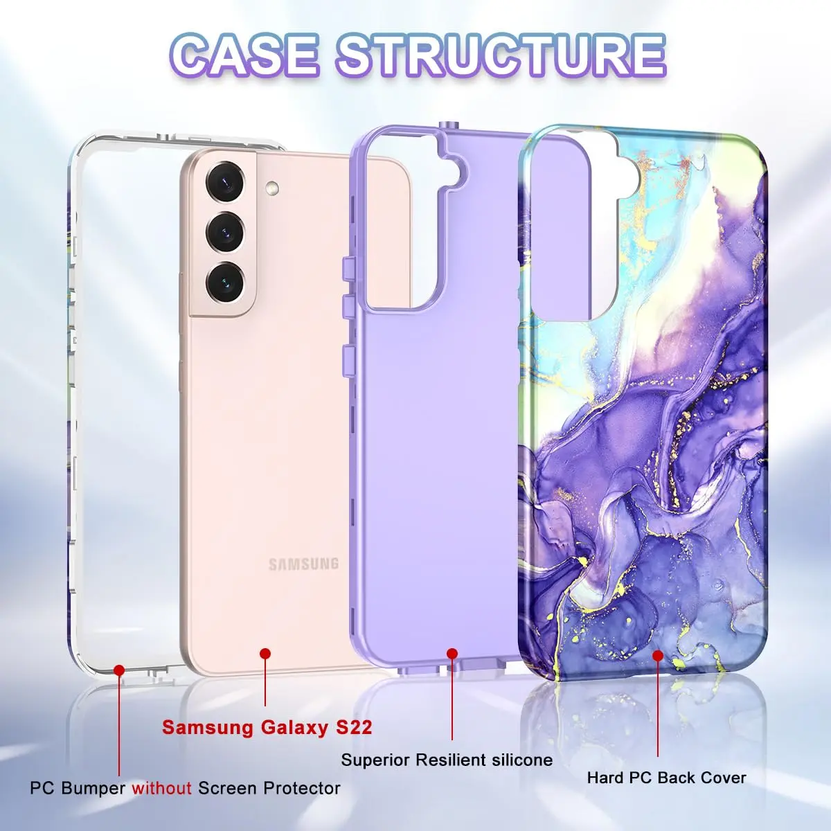 Btscase Samsung Galaxy S22 5G Case 6.1 Inch Cobalt Violet Marble Pattern | Heavy Duty Shockproof Triple Layer Protection - view 5