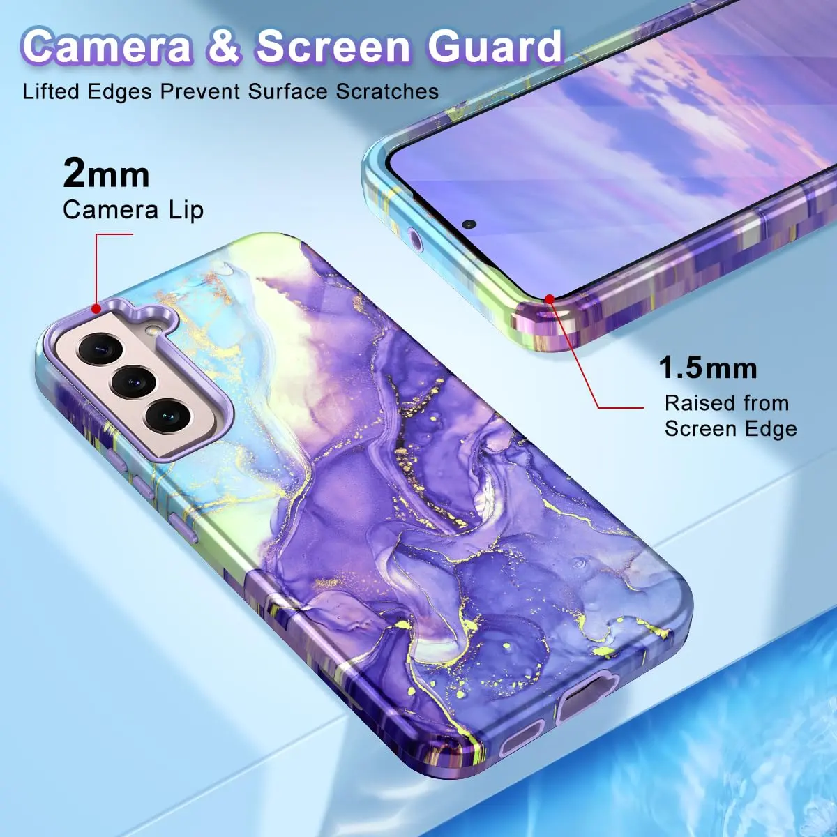 Btscase Samsung Galaxy S22 5G Case 6.1 Inch Cobalt Violet Marble Pattern | Heavy Duty Shockproof Triple Layer Protection - view 3