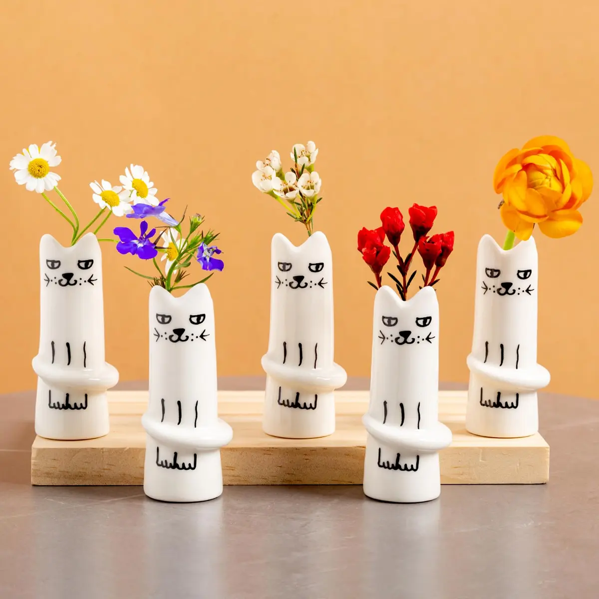 MOUGIGI Set of 5 Cat Flower Vase Bud Ceramic Small Cute Mini Handmade Decor | Unique Cat Flower Vases for Home & Gift - main product image