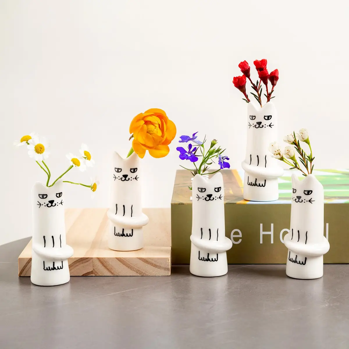 MOUGIGI Set of 5 Cat Flower Vase Bud Ceramic Small Cute Mini Handmade Decor | Unique Cat Flower Vases for Home & Gift - view 5
