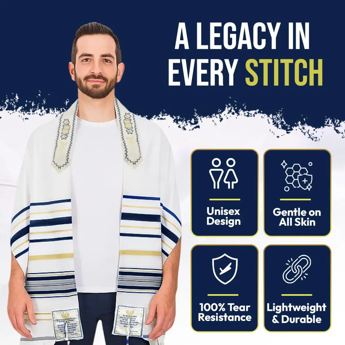 Holy Land Market Navy New Covenant Prayer Shawl 183 x 56 cm (72 x 22 Inches) | Messianic Seal Card & Matching Bag Included - view 6