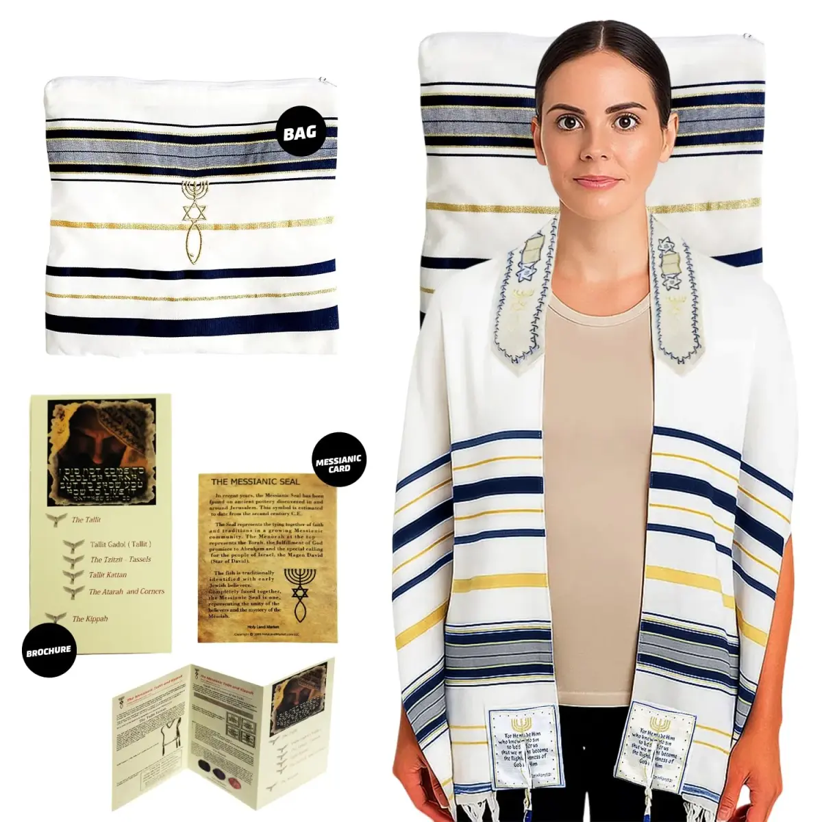 Holy Land Market Navy New Covenant Prayer Shawl 183 x 56 cm (72 x 22 Inches) | Messianic Seal Card & Matching Bag Included - view 8
