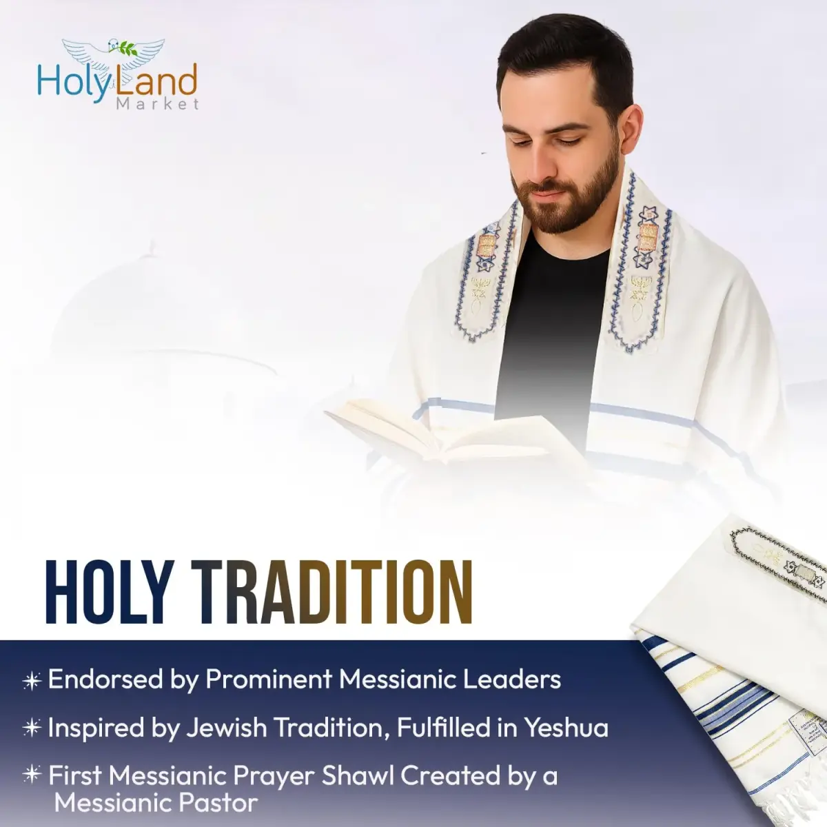 Holy Land Market Navy New Covenant Prayer Shawl 183 x 56 cm (72 x 22 Inches) | Messianic Seal Card & Matching Bag Included - view 4