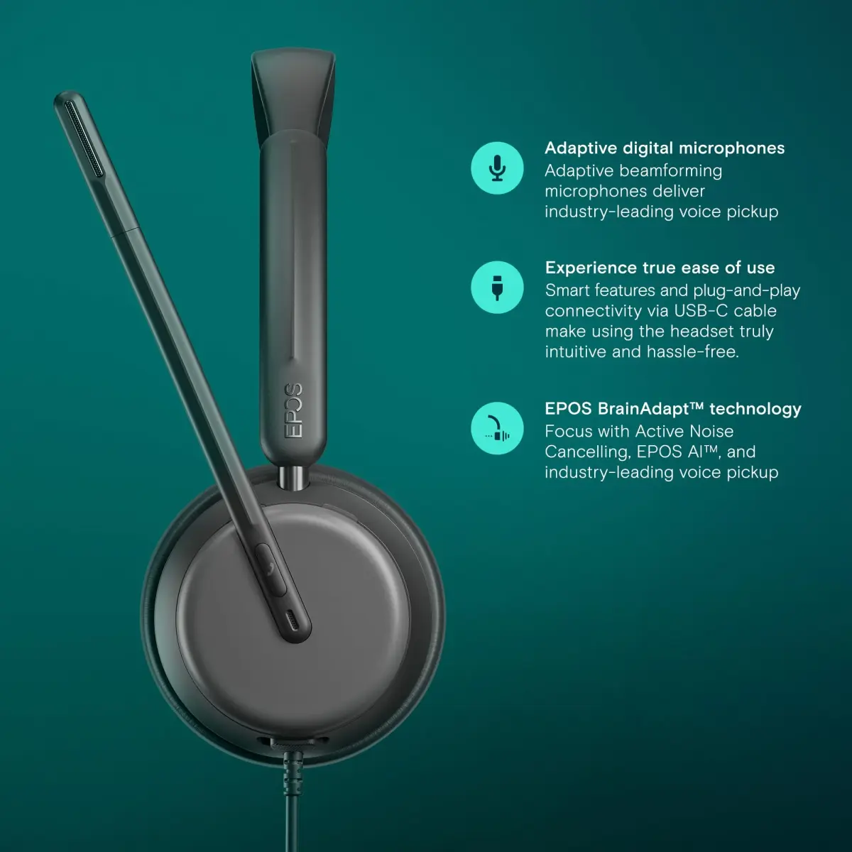 EPOS Impact 860 ANC Wired USB-C Headset with Noise Cancellation | 160g Lightweight, Comfortable Fit for Office Work - view 3