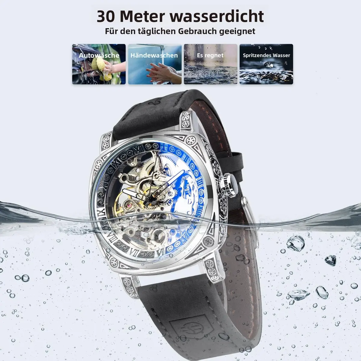 FORSINING Square Retro Mechanical Watch Self-Wind Leather Strap 42mm | Skeleton Automatic - view 5