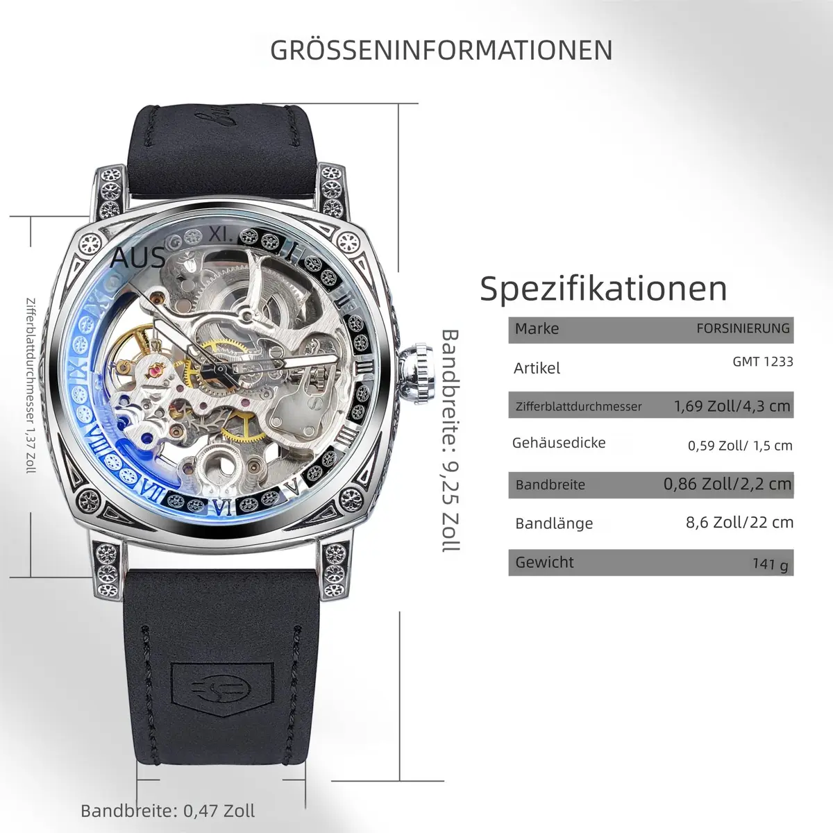 FORSINING Square Retro Mechanical Watch Self-Wind Leather Strap 42mm | Skeleton Automatic - view 6