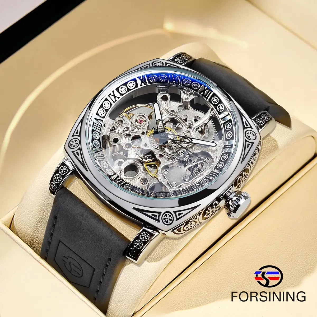 FORSINING Square Retro Mechanical Watch Self-Wind Leather Strap 42mm | Skeleton Automatic - view 2