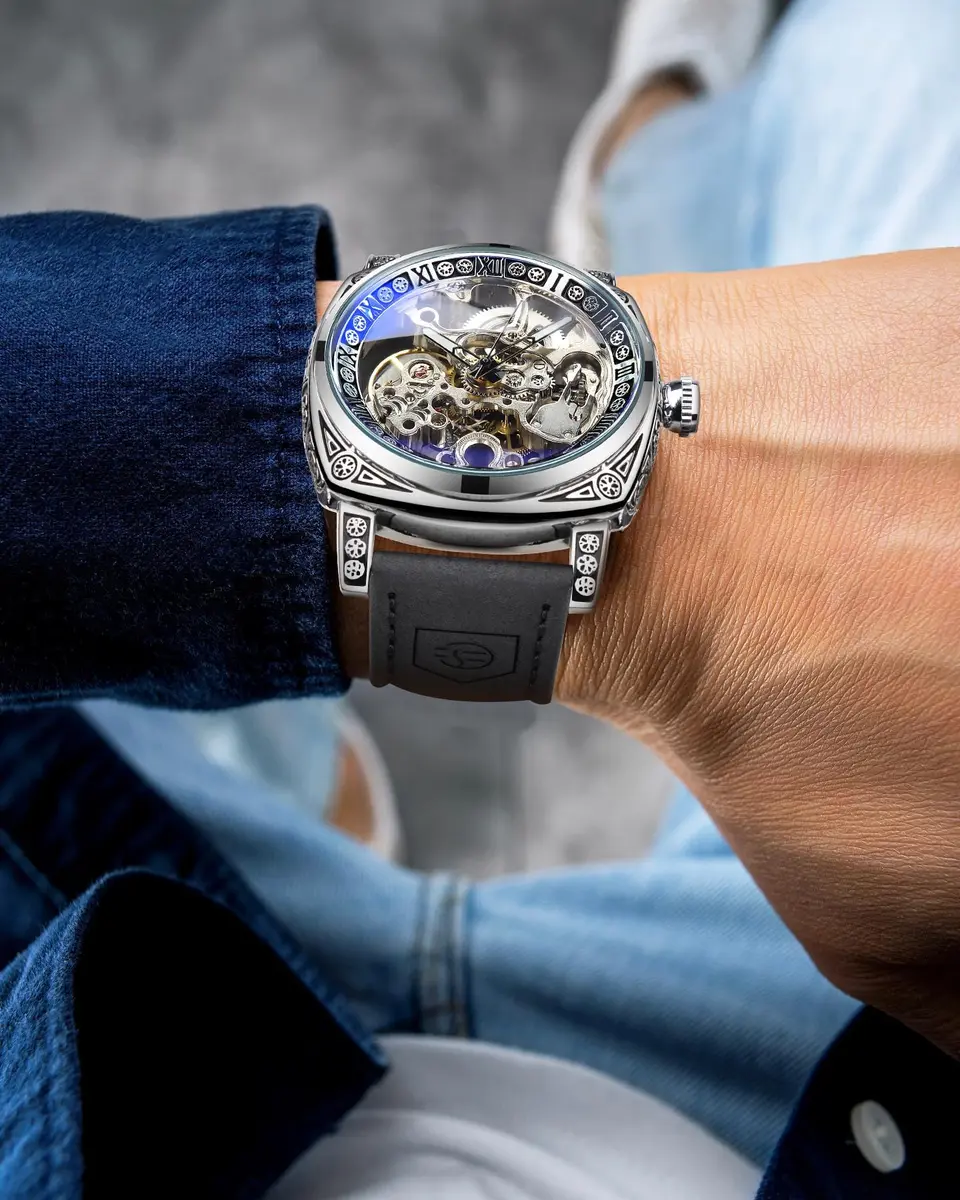 FORSINING Square Retro Mechanical Watch Self-Wind Leather Strap 42mm | Skeleton Automatic - view 3