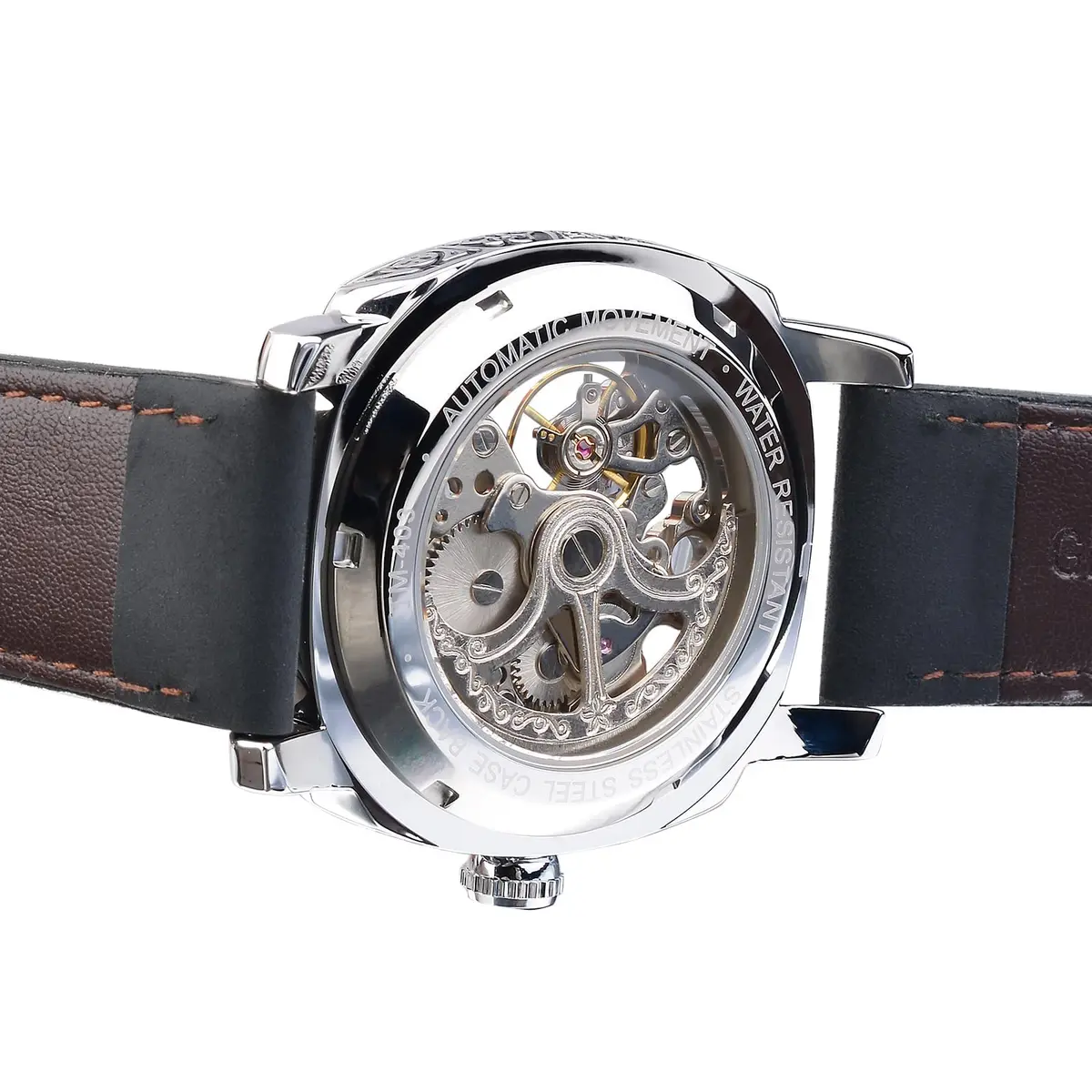 FORSINING Square Retro Mechanical Watch Self-Wind Leather Strap 42mm | Skeleton Automatic - view 4
