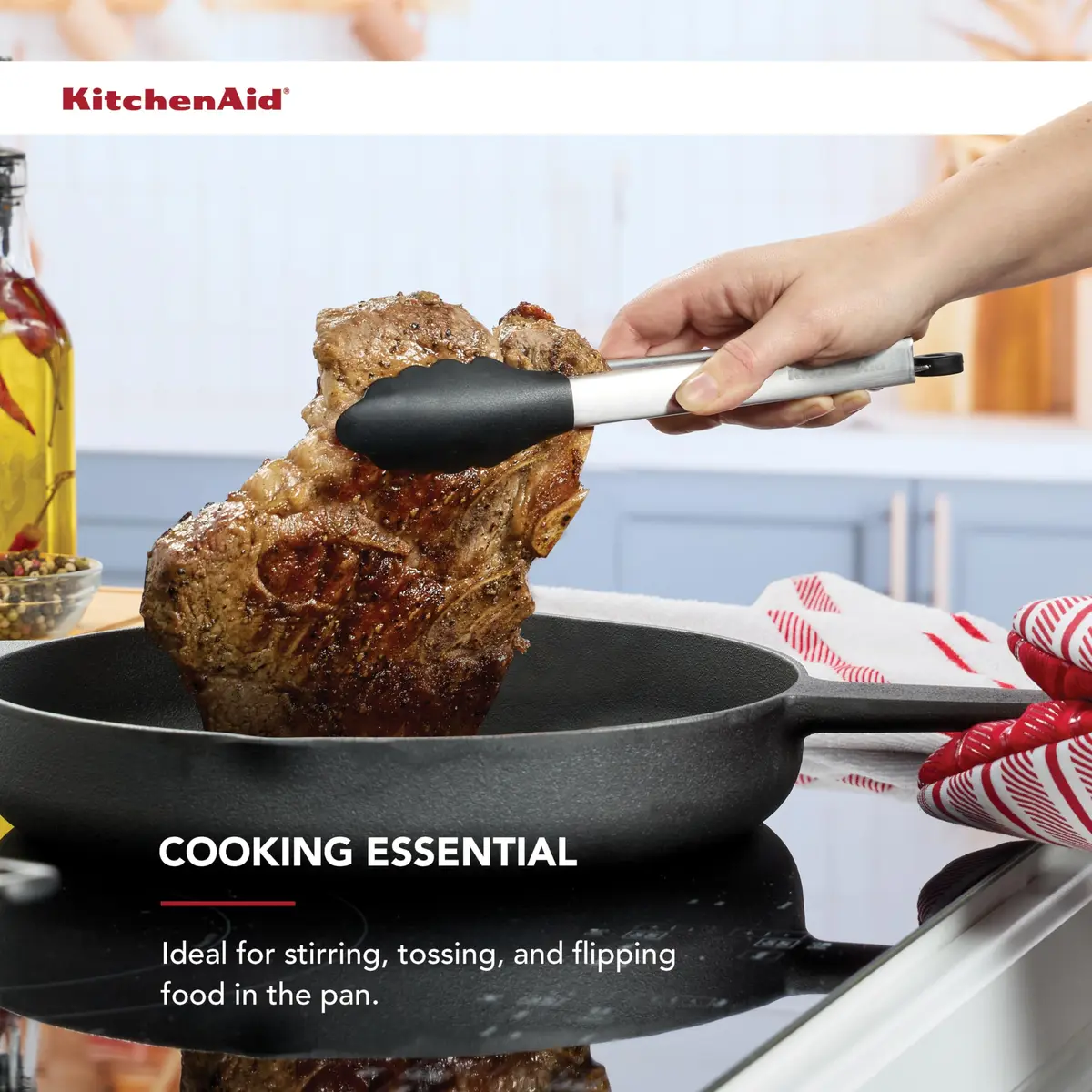 KitchenAid Silicone Tipped Stainless Steel Tongs, Black, 9 Inch | Heat-Resistant & Safe for All Cookware - view 5