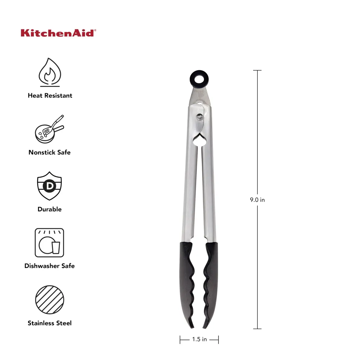 KitchenAid Silicone Tipped Stainless Steel Tongs, Black, 9 Inch | Heat-Resistant & Safe for All Cookware - view 2