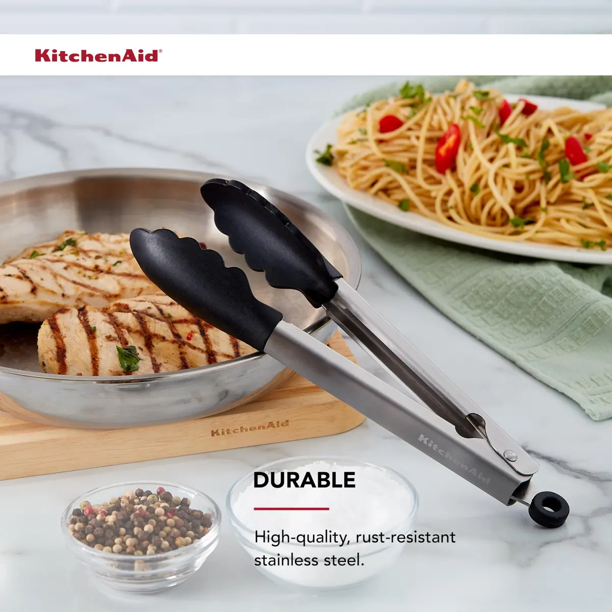 KitchenAid Silicone Tipped Stainless Steel Tongs, Black, 9 Inch | Heat-Resistant & Safe for All Cookware - view 3