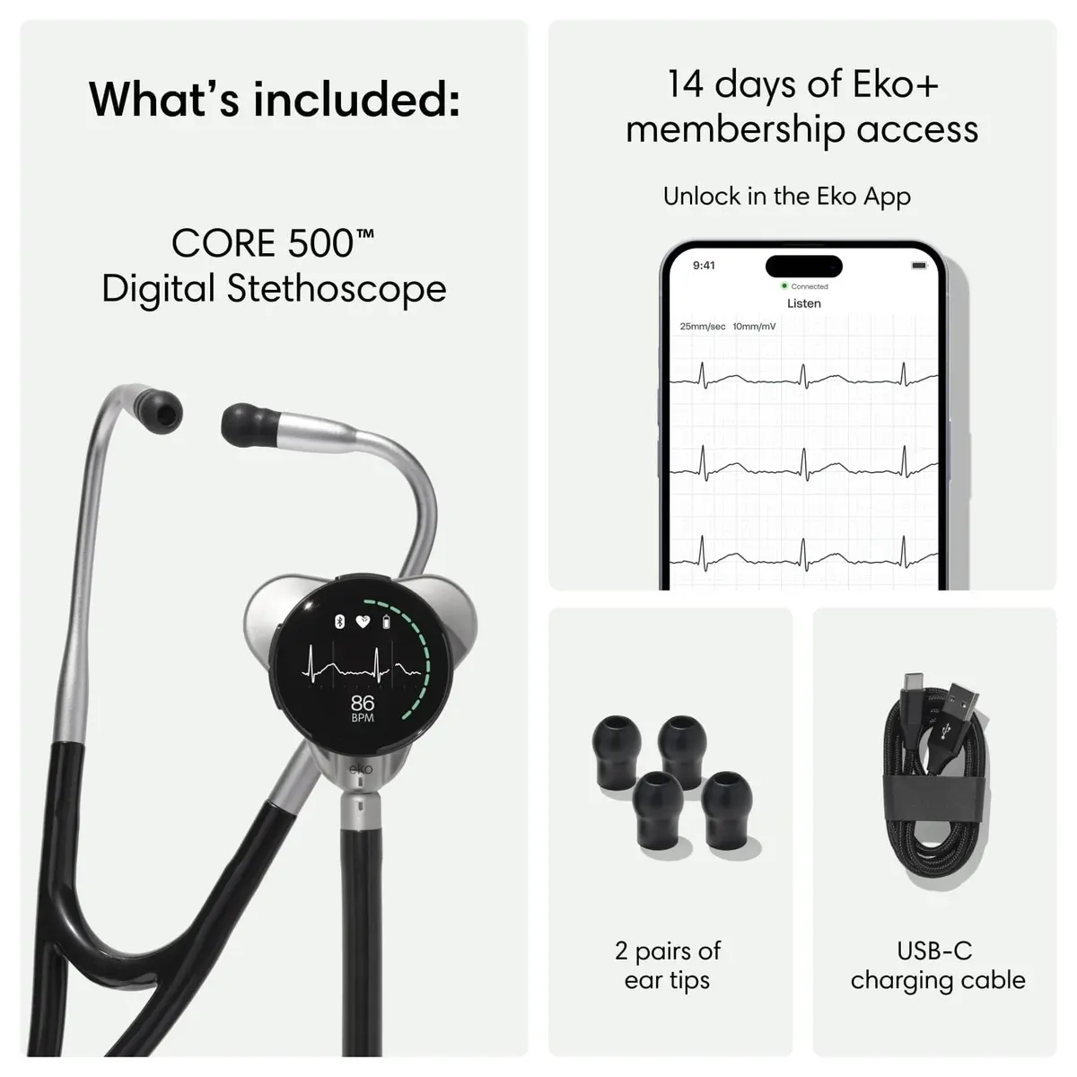 EKO CORE 500™ Digital Stethoscope — 40x Amplification, Active Noise Cancellation, 3-Lead ECG, FDA-Cleared AI with Eko+, Full-Color Display, Reimbursement Eligible — Silver - view 6