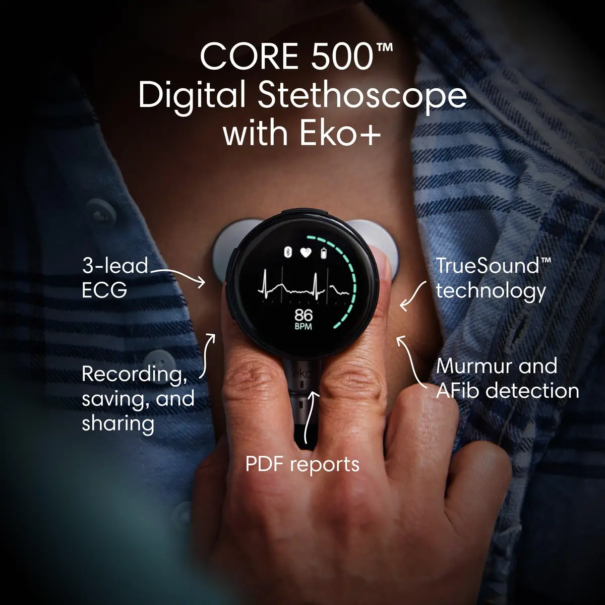 EKO CORE 500™ Digital Stethoscope — 40x Amplification, Active Noise Cancellation, 3-Lead ECG, FDA-Cleared AI with Eko+, Full-Color Display, Reimbursement Eligible — Silver - view 2