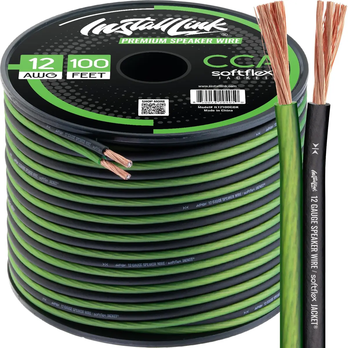 Install Link 12 AWG Gauge Speaker Wire 100 Feet (30.5m) Frosted Green/Black | CCA Copper Clad Aluminum - main product image