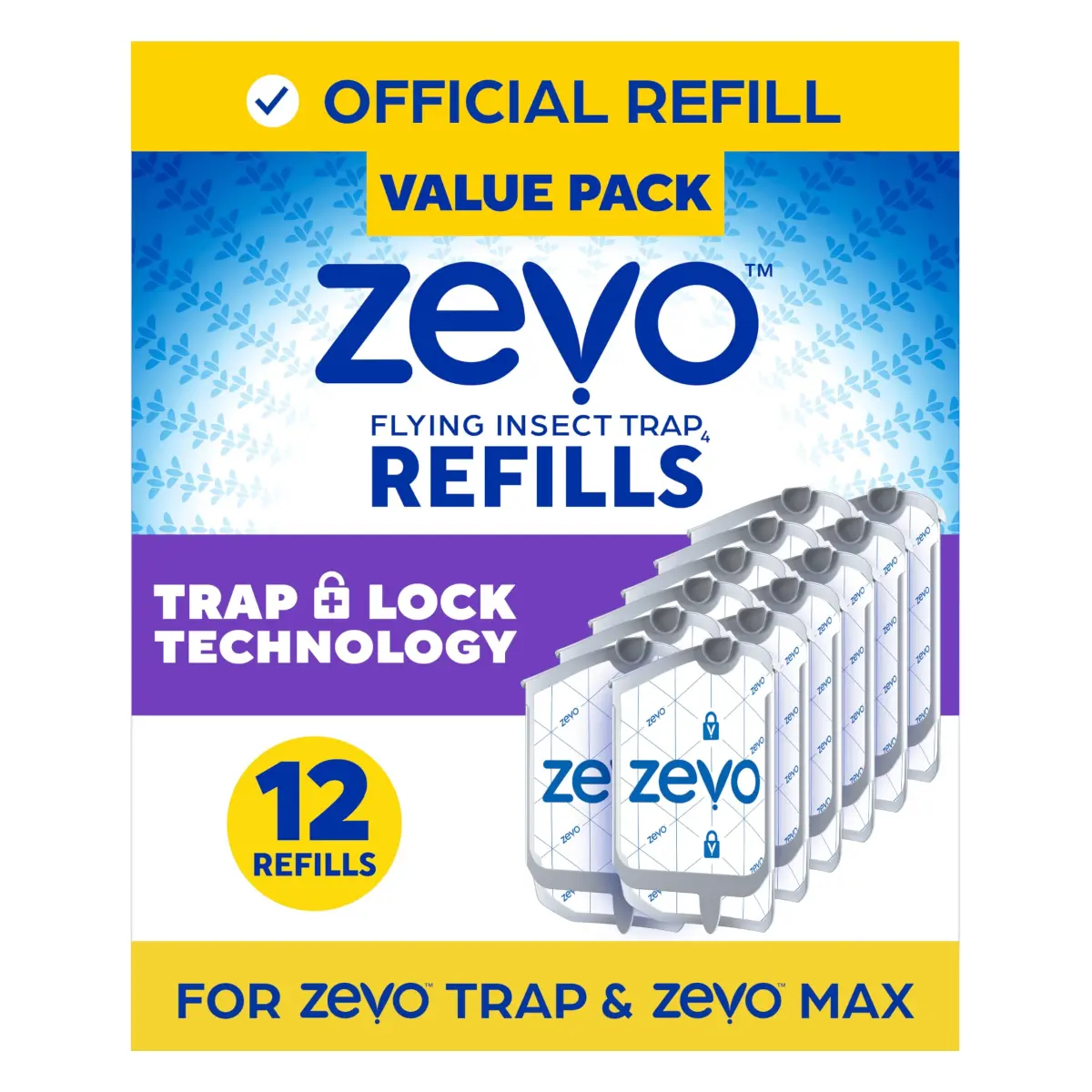 ZEVO Flying Insect Trap Refill Cartridges for Fruit Flies & Gnats, 12 Count | Odorless & Mess-Free Adhesive Backing - main product image