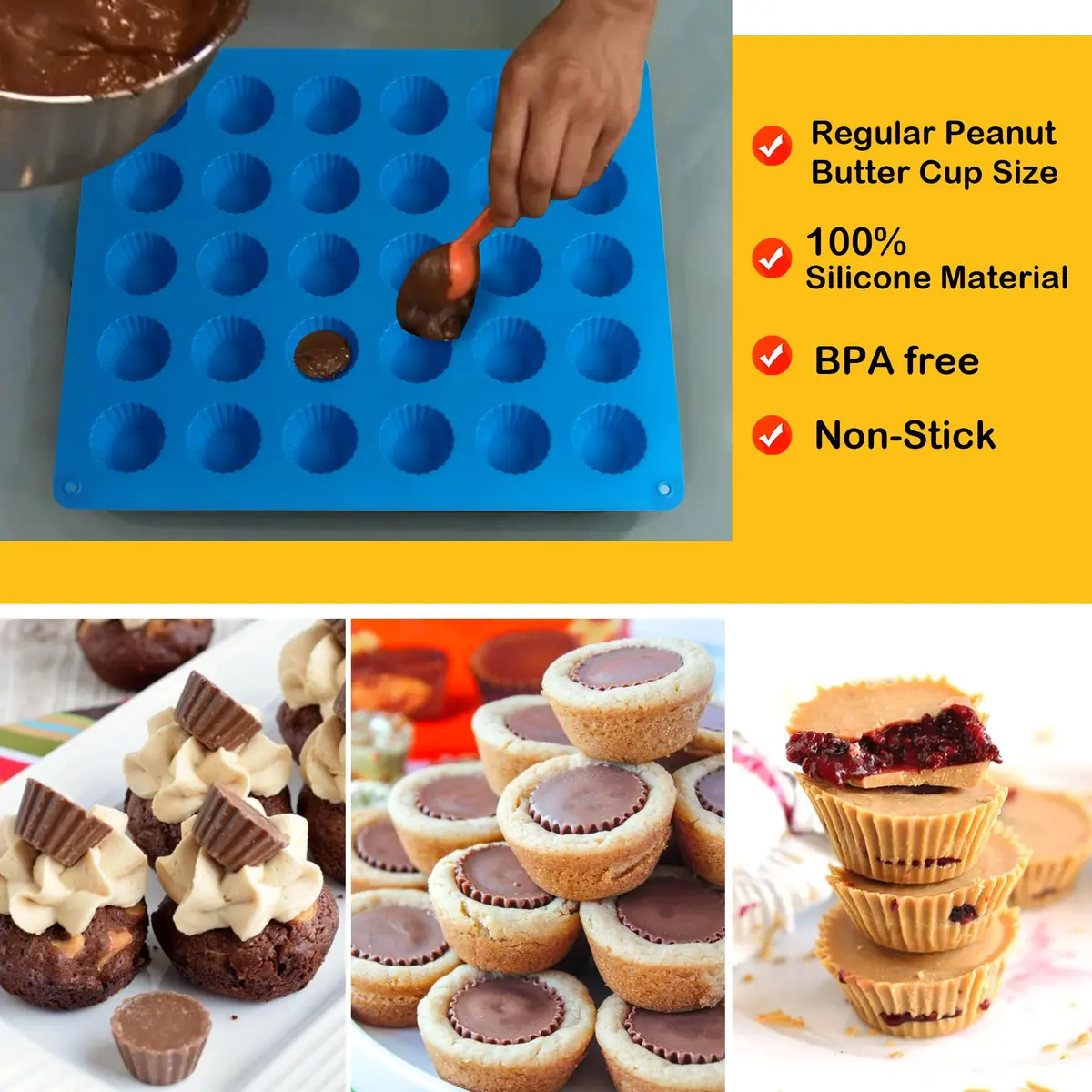 Sidosir Peanut Butter Cup Mold 3pcs | Silicone Mini Tart Pan for Fat Bombs & Candy (11" x 8.2") - view 6
