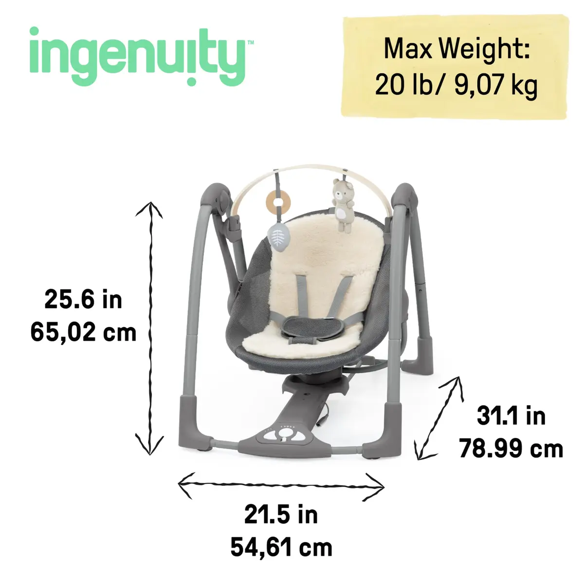 Ingenuity Every Season Swing ’n Go Deluxe 5-Speed Portable Infant Swing | Mesh & Lambswool, 0-9 Months, 20 lbs - view 3