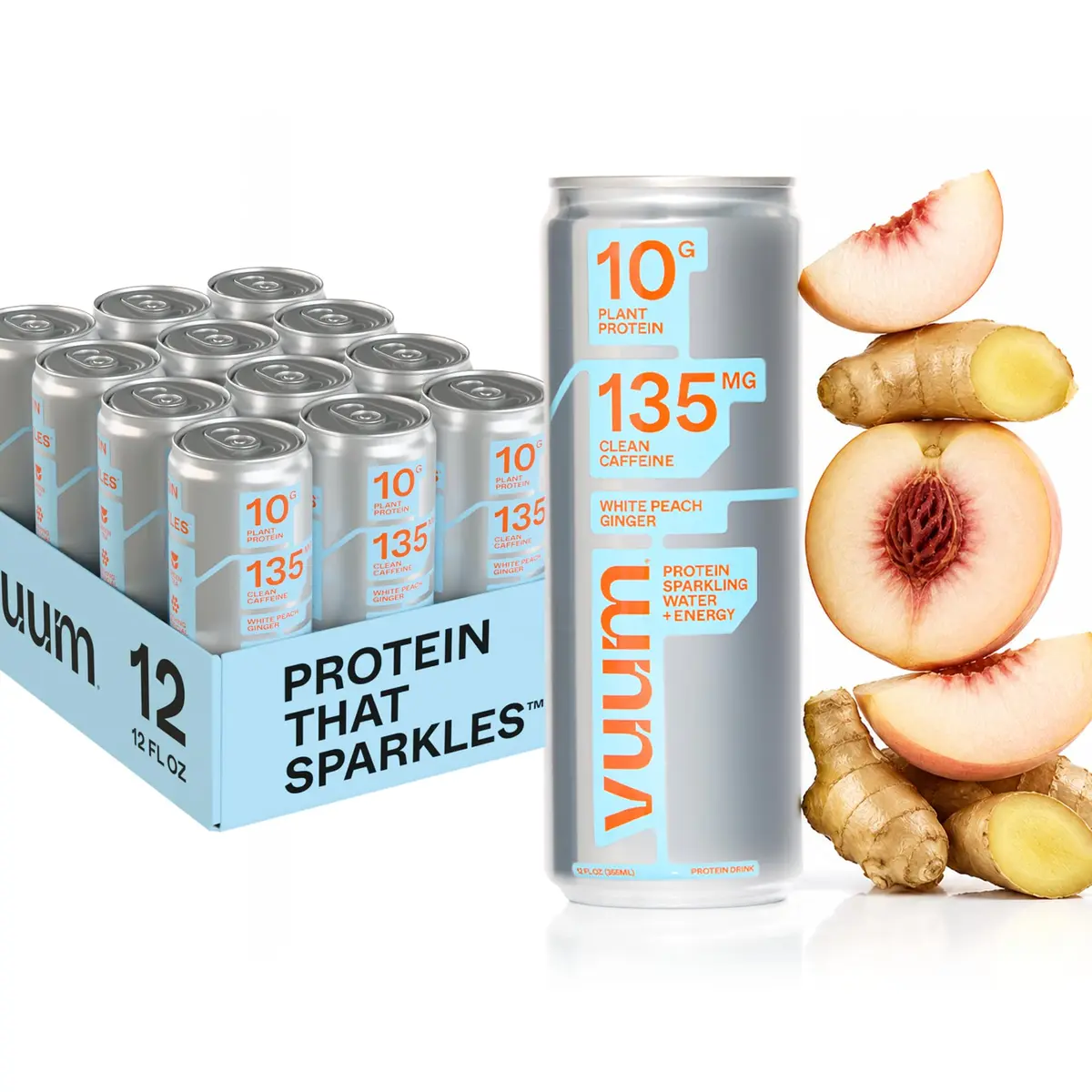 VUUM Sparkling Protein Drink, 12 Pack, White Peach Ginger | 10g Plant Protein, Sugar Free, Vegan & Keto Friendly - main product image