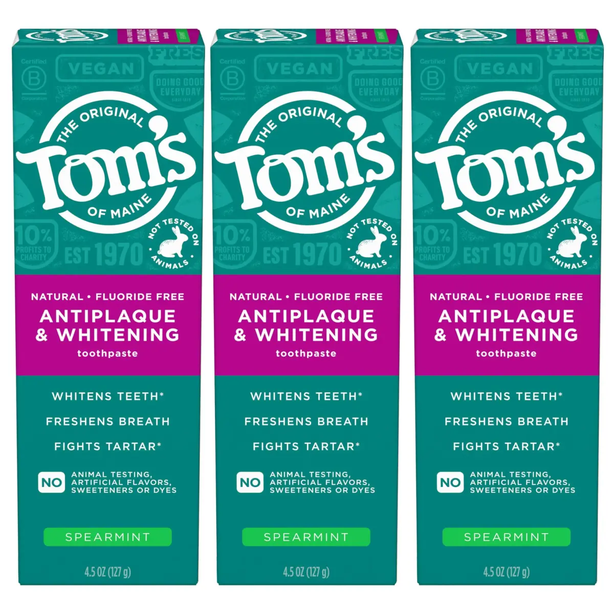 Tom's of Maine Antiplaque and Whitening Toothpaste Spearmint 4.5 oz (128g) Tubes (3-Pack) | Fluoride-Free Whitening & Tartar Control - main product image