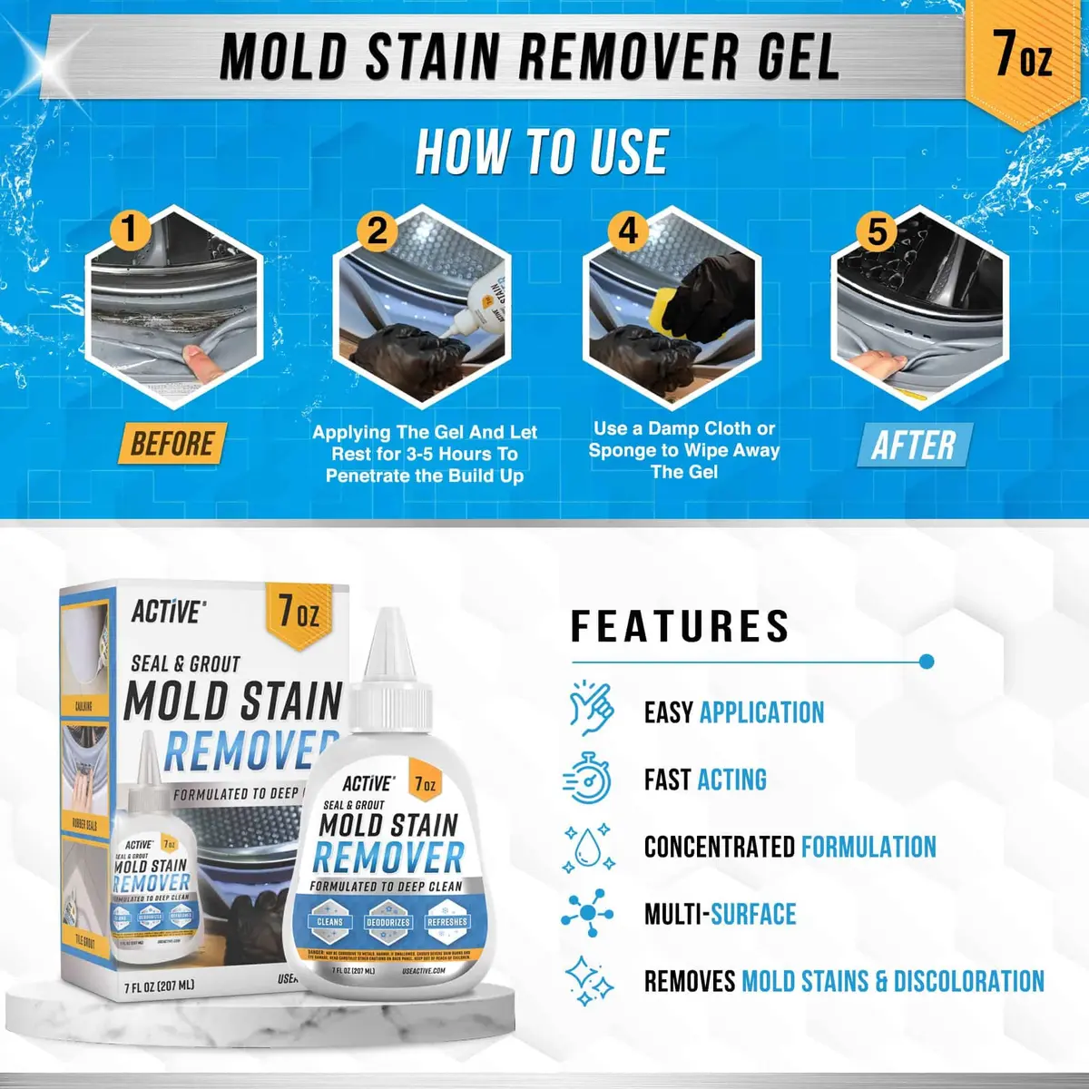 ACTIVE Mold Stain Remover Gel Cleaner 222ml (7 Fl Oz) | Cleans Washing Machine Seals, Grout, Caulk - view 3
