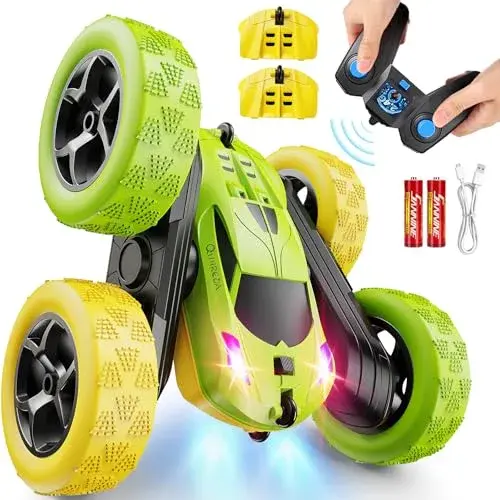 QUNREDA Remote Control Stunt Car with 2 Rechargeable Batteries, 4WD 360° Flip, Off-Road RC Crawler for Kids 6-12 Years, Yellow&Green - main product image