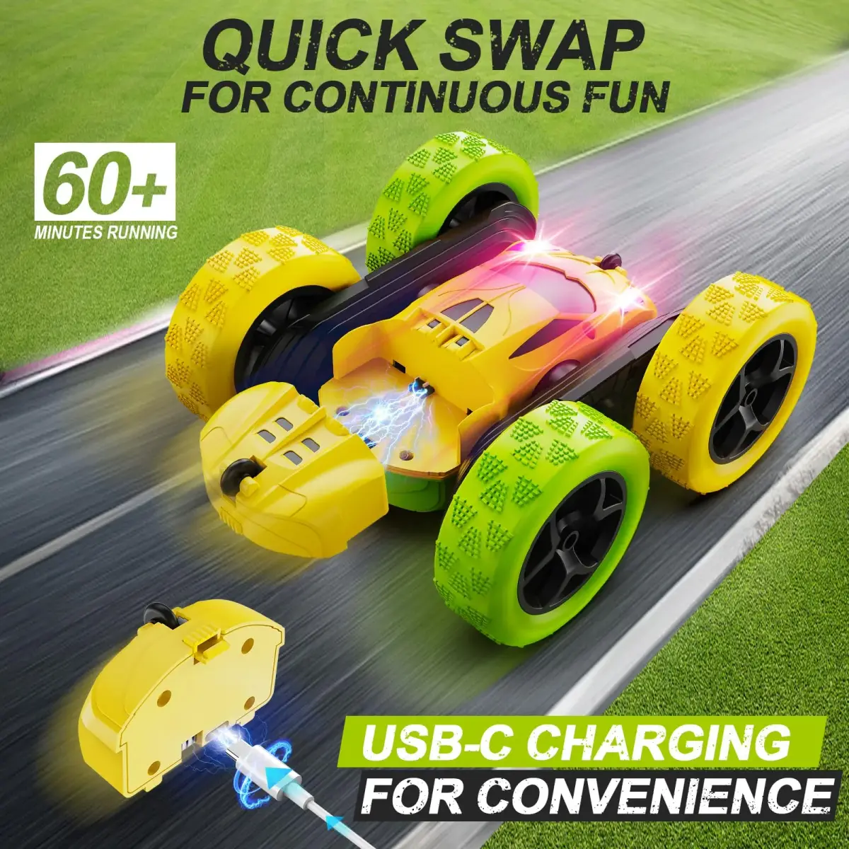 QUNREDA Remote Control Stunt Car with 2 Rechargeable Batteries, 4WD 360° Flip, Off-Road RC Crawler for Kids 6-12 Years, Yellow&Green - view 2