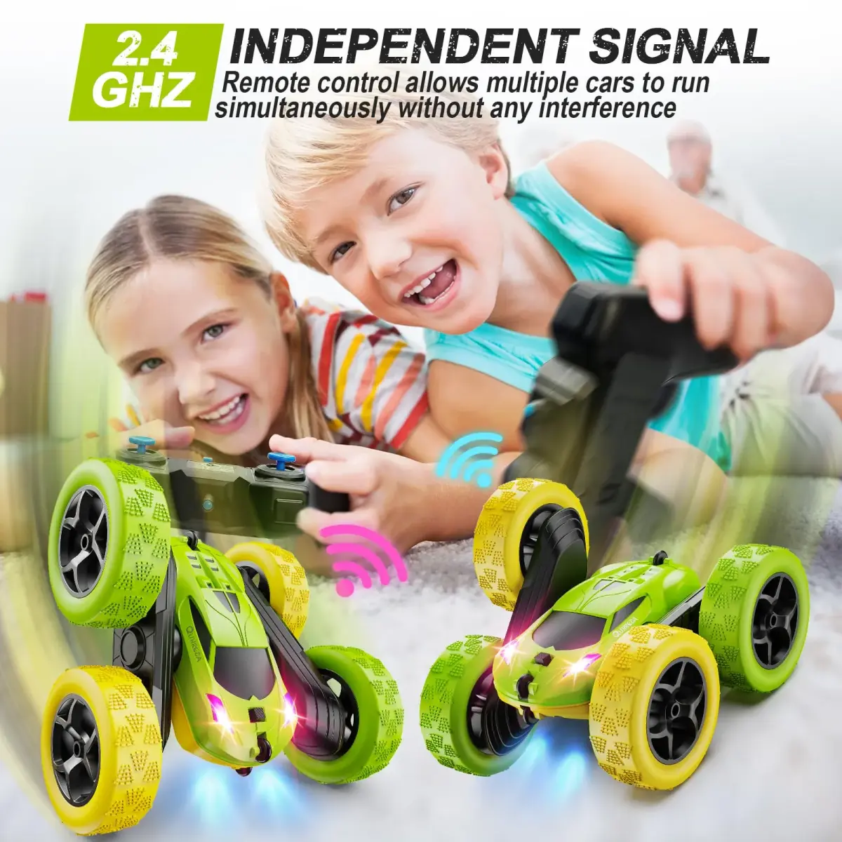 QUNREDA Remote Control Stunt Car with 2 Rechargeable Batteries, 4WD 360° Flip, Off-Road RC Crawler for Kids 6-12 Years, Yellow&Green - view 3