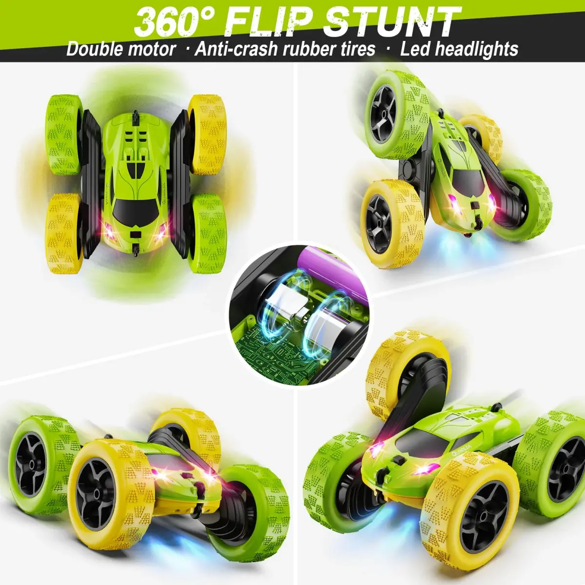 QUNREDA Remote Control Stunt Car with 2 Rechargeable Batteries, 4WD 360° Flip, Off-Road RC Crawler for Kids 6-12 Years, Yellow&Green - view 4