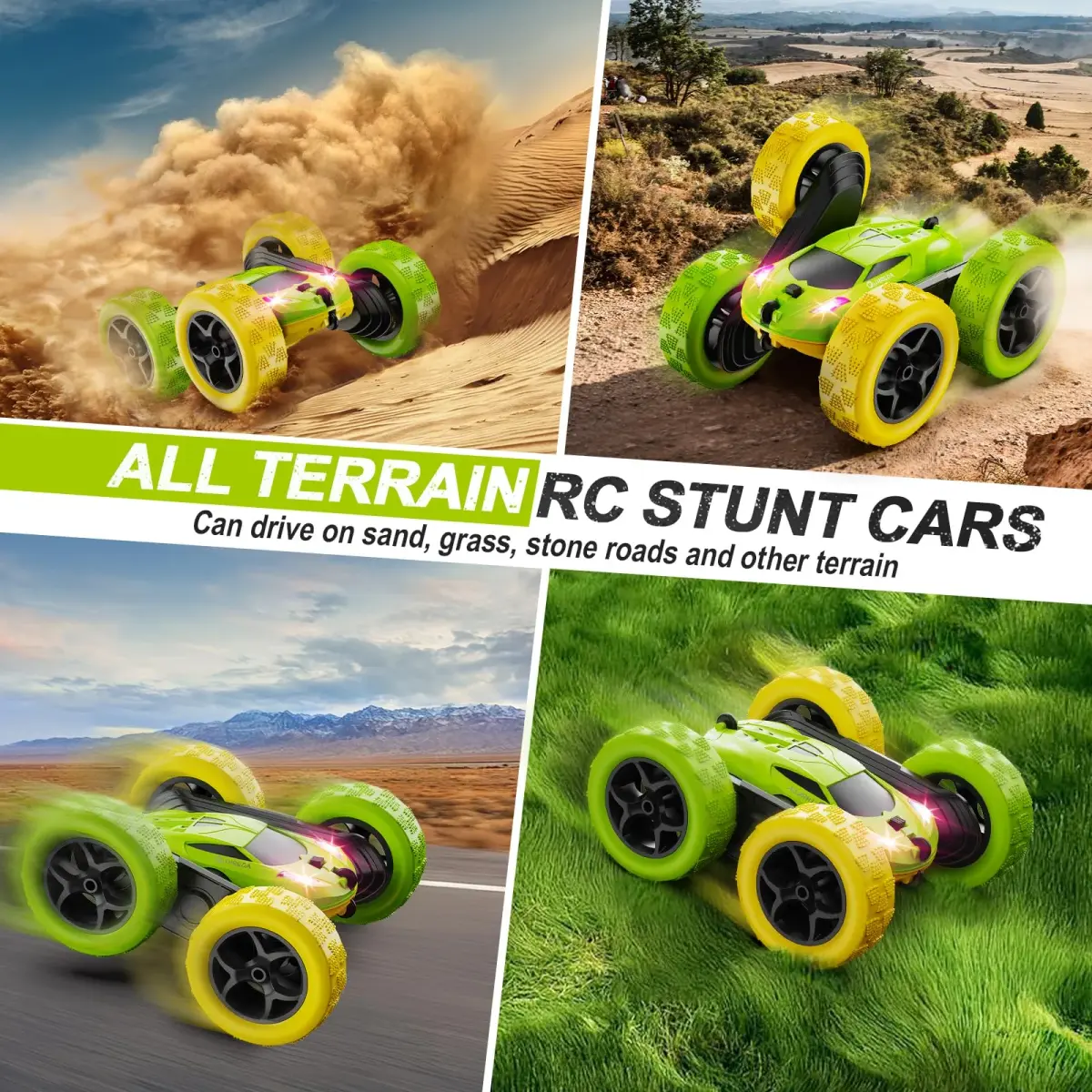 QUNREDA Remote Control Stunt Car with 2 Rechargeable Batteries, 4WD 360° Flip, Off-Road RC Crawler for Kids 6-12 Years, Yellow&Green - view 5
