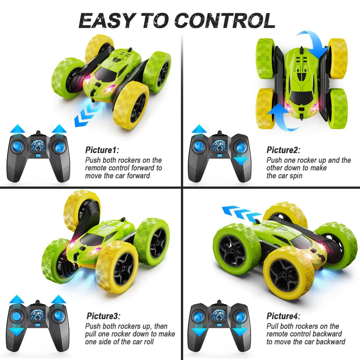 QUNREDA Remote Control Stunt Car with 2 Rechargeable Batteries, 4WD 360° Flip, Off-Road RC Crawler for Kids 6-12 Years, Yellow&Green - view 6