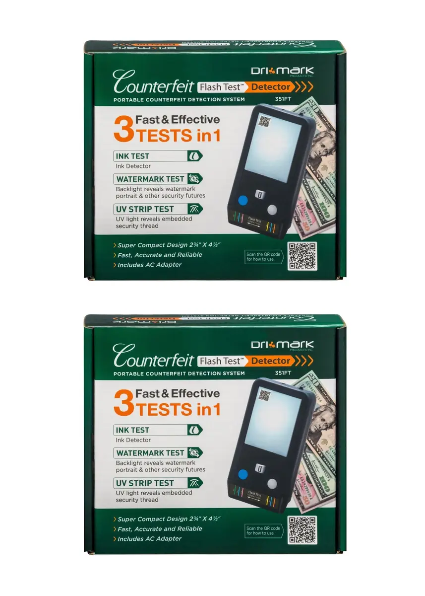 Dri Mark Counterfeit Bill Detector 2 Pack | Fast Watermark, Ink & UV Tests for Retail (100-120c) - main product image