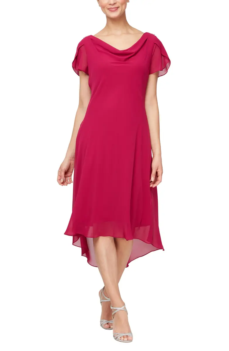 S.L. Fashions Women's Midi Cowl Neck Dress with Flutter Sleeve and Embellishment at Shoulder, Raspberry, 14 | Elegant Evening & Special Occasion Wear - main product image