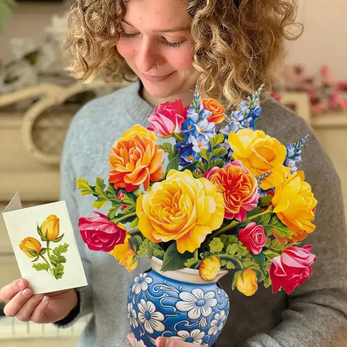 Freshcut Paper Sorbet Roses 3D Pop Up Card | Life-Sized Floral Art Centerpiece (13" x 12") - view 2