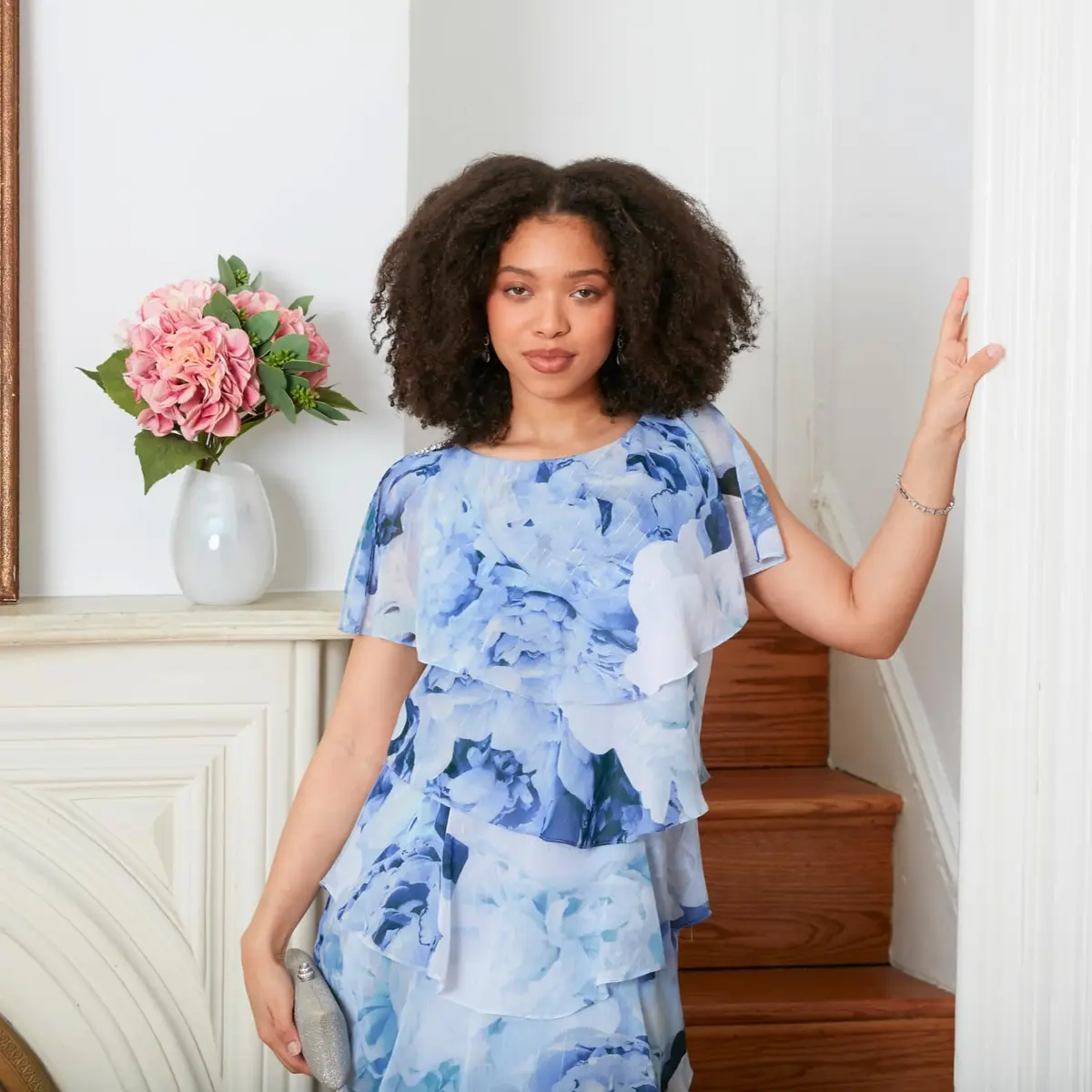 S.L. Fashions Women's Short Sleeve Floral Tiered Chiffon Cocktail Dress, Blue Multi, 14 | Elegant Summer Wedding Guest Attire - view 3